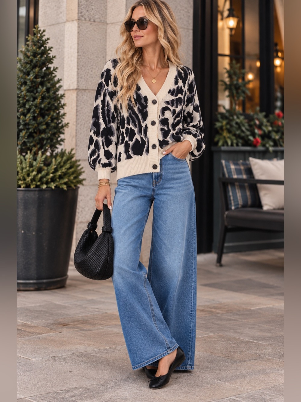Umgee Black Gray Ivory V Neck Button UP Long Sleeve Knit Cardigan Sweater